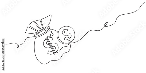 continuous line drawing of big money bag, budget planning growth small tree money bag one line drawing continuous handdrawn minimalist art, Money bag with a dollar sign in one line art style. Money