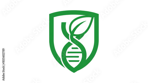 Biotechnology logo with a DNA and plant symbol inside a shield. Genetic engineering and agricultural science concept. Green vector emblem icon for bioengineering