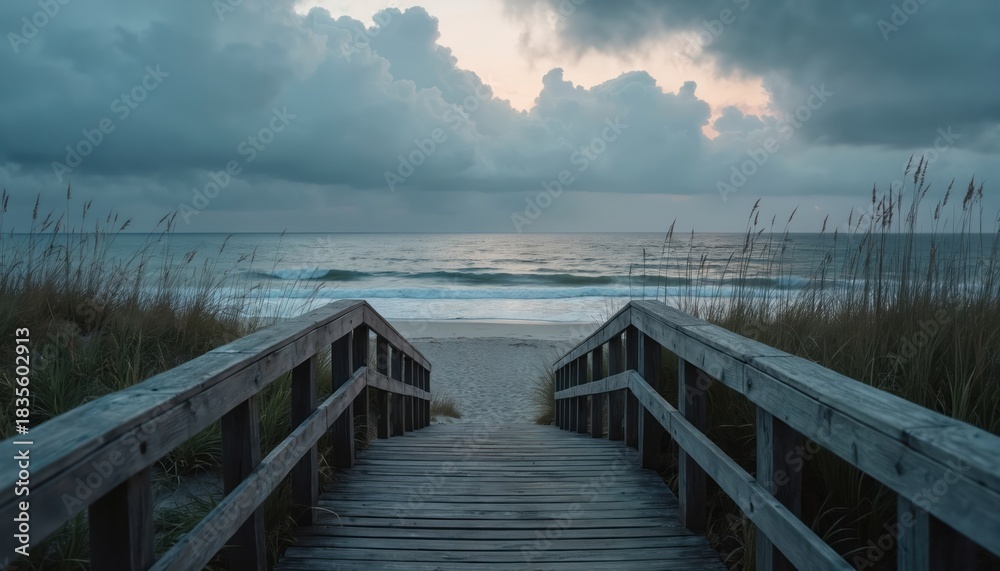 Obraz premium Wooden walkway leads to sandy beach. Ocean waves crash under cloudy twilight sky. Tall grass borders pathway to calm sea. Dusk scene offers peaceful coastal journey.