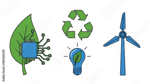 Green technology icon set for sustainability concepts. Flat vector illustration of renewable energy symbols like wind turbines and recycling.