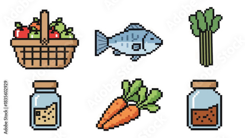 Local market pixel icon set. Retro 8-bit food and grocery graphics for gaming. Vector illustration of fruit, vegetables, and fish