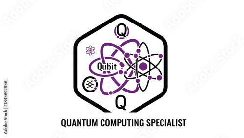 Quantum computing specialist logo concept. Minimalist vector illustration of a hexagonal badge with qubit and atomic symbols. Science and technology graphic isolated on a white background