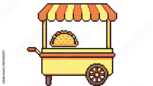 Pixel art taco stand icon. Retro 8-bit video game style food cart illustration. Mexican street food vendor graphic isolated on white background