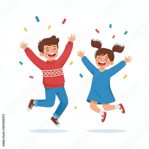 A joyful illustration of children jumping happily with colorful confetti around them.