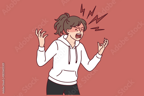 Furious girl yells and expresses uncontrollable anger or pain. Concept of hysteria, panic attack, nervous breakdown and aggressive behavior during conflict.