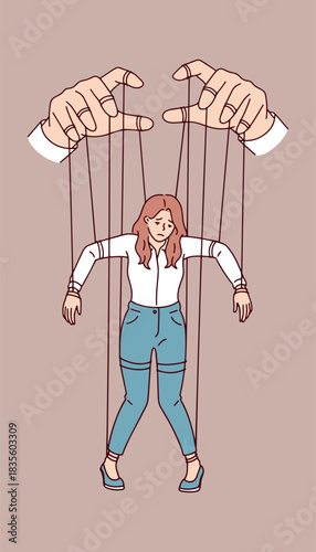 Large male hands manipulate small female figure on strings. Concept of patriarchy, abuse of power, boss controlling employee or husband controlling wife.