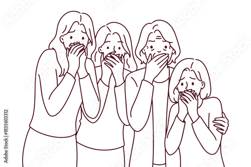 Black and white drawing of females standing in silence. Outline concept of lack of voice, forbidden speech and oppression of women rights.