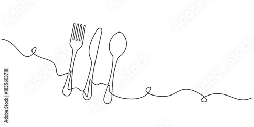 Knife and fork, continuous one line drawing, minimalist outline illustration of dining utensils, Minimalist line art illustration of a fork, knife, and spoon connected by a continuous, wavy line.