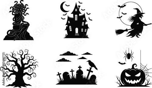 Dark mythology and Halloween set: Medusa, witch, house, pumpkin, and graveyard.