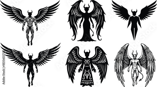 Fallen Angel Demon Silhouettes Collection, Different Gothic Art Styles, Horned Creature Vector Set