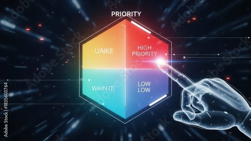 Digital prioritization matrix with interactive hand and futuristic interface
