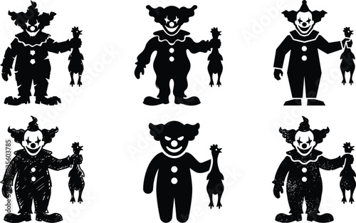 Evil scary clowns holding plucked chickens in six different vector styles.