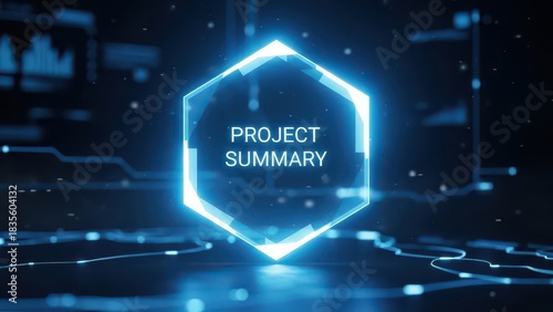 Futuristic glowing Project Summary hexagon over digital circuit background