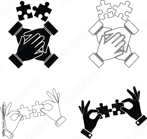 Teamwork Puzzle Hands Vector Icons – Collaboration and Problem Solving Symbols