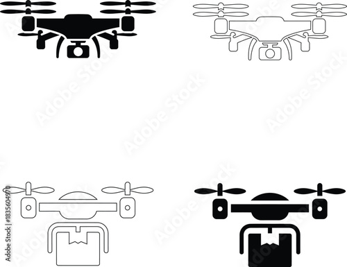 Drone Quadcopter Vector Icons – Aerial Camera and Delivery Symbols