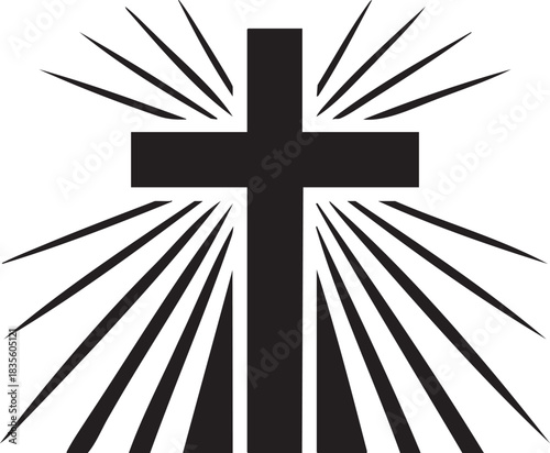 Black Cross Vector Silhouette with Rays on a White Background
