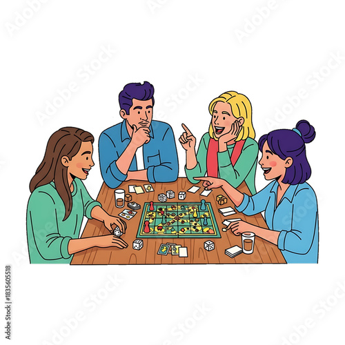 Friends gathered around a table playing a board game and enjoying time together indoors.