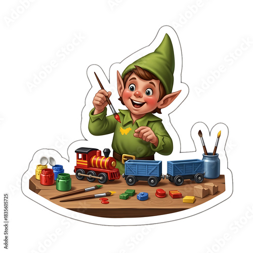 An elf happily assembling toys at a wooden table filled with colorful pieces.