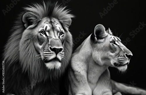Black and white photo shows two lions close up. Lion with mane and lioness facing different ways. The image is a portrait of the animals in their environment.