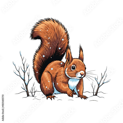 A fluffy squirrel standing alert in the snow with its tail raised.