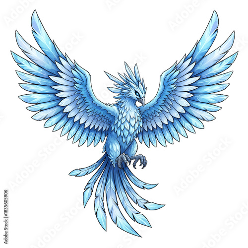 A majestic blue phoenix with wide wings in a dynamic soaring pose.
