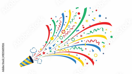 Festive New Year party popper icon with exploding colorful confetti and streamers for celebration