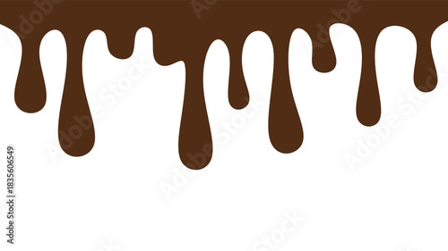 Melted chocolate or syrup drips isolated on a white background. Flowing liquid chocolate border element. A sweet brown syrup or sauce that melts and drips.