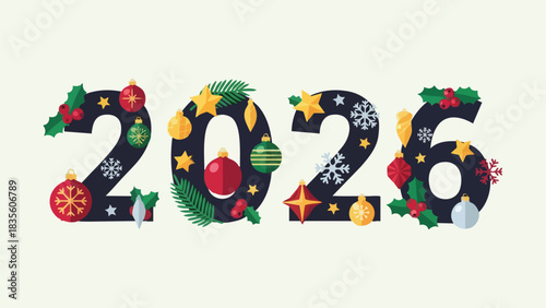 Decorative New Year 2026 number icon with festive Christmas ornaments, stars, snowflakes, and holly
