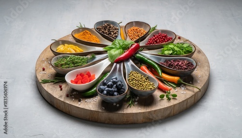 Wallpaper Mural Artfully Arranged Gourmet Ingredients on Rustic Wooden Board Vibrant Colors Shallow Depth of Field Emphasizing Culinary Diversity Torontodigital.ca