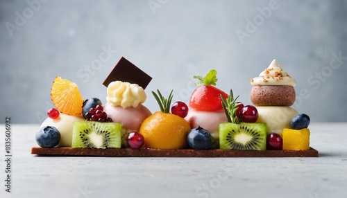 Wallpaper Mural Artfully Deconstructed Gourmet Dessert Platter with Fresh Fruits and Cream Swirls on Dark Chocolate Base Exquisite Presentation Culinary Photography Studio Lighting Torontodigital.ca