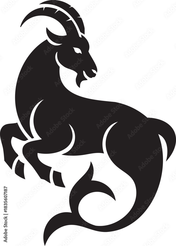 Fototapeta premium Capricorn astrology zodiac sea goat symbol illustration in black silhouette