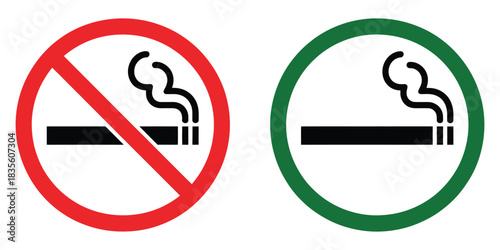 No smoking area and smoking area sign, printable red and green , no smoking symbol, ban symbol, forbidden icon, stop symbol, no smoke circle, prohibition sign, smoking ban icons, public safety 