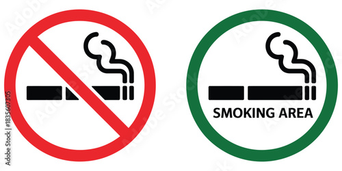 No smoking area and smoking area sign, printable red and green no smoking symbol, ban symbol, forbidden icon, stop symbol, no smoke circle, prohibition sign, smoking ban icons, public safety sy