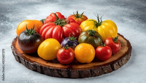 Wallpaper Mural Assortment of Dew-Kissed Heirloom Tomatoes in Various Colors Including Red Yellow Black and Purple Arranged on a Rustic Wooden Board with a Textured Gray Background Detailed Close-Up Food Photography Torontodigital.ca