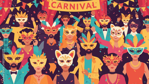 Vibrant carnival celebration bringing joy and festive spirit, capturing the excitement of a new year's grand masquerade party with diverse people in colorful masks and confetti