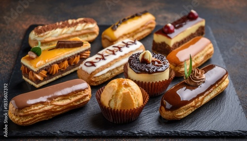 Wallpaper Mural Assortment of Artisanal Gourmet Desserts and Pastries Artfully Arranged on a Textured Slate Board With Warm Atmospheric Lighting Torontodigital.ca