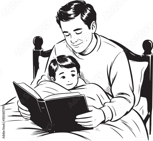 Father reading a storybook to his son in bed