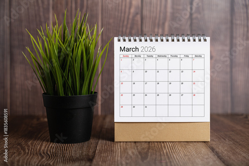 March 2026 Desk Calendar On Wood Table