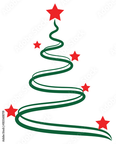 Minimalist Christmas Tree Illustration with Red Stars on White Background