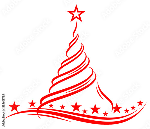 Elegant Red Christmas Tree Vector Graphic with Star Topper and Stars Holiday Season Art