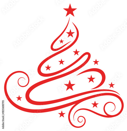 Stylized Christmas Tree Design Red Swirls and Stars on White Background