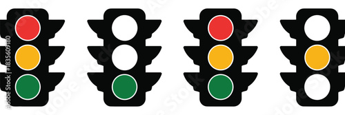 Traffic lights, red, yellow, and green signals, multiple variations, simple flat design, stoplight icons, transport icons, road safety symbols, driving icons, traffic signals, vehicle and transport 