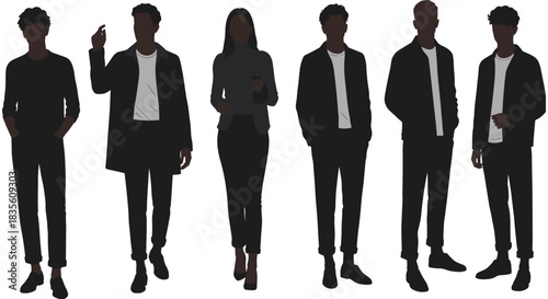 Black human silhouettes of men and women in modern casual business clothing standing in diverse poses, fashion, lifestyle, identity, abstract illustration