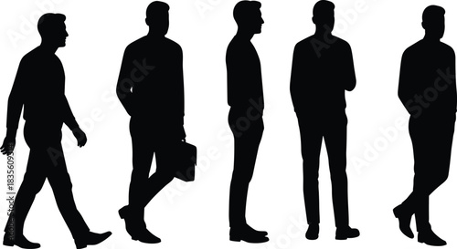 Black human silhouettes of men standing and walking in different business and casual poses, posture, movement, body language, office illustration
