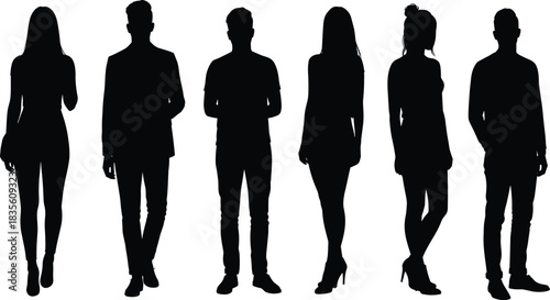 Black human silhouettes of men and women in modern clothing standing together, diverse postures, fashion, lifestyle, identity, abstract artistic illustration