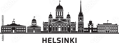 Helsinki finland silhouette detailed vector cityscape architectural illustration black and white profile view