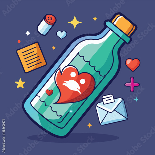 Whimsical love potion bottle with hearts and magical elements on a dark background