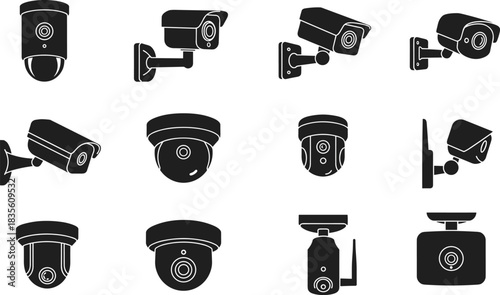 Black silhouette security cameras, CCTV dome and bullet vector icons, surveillance system graphic, indoor outdoor safety, smart monitor design