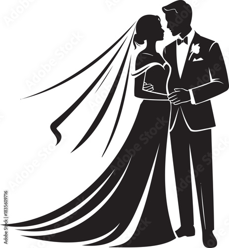 Elegant Wedding Couple Silhouette with Bride and Groom in Formal Attire