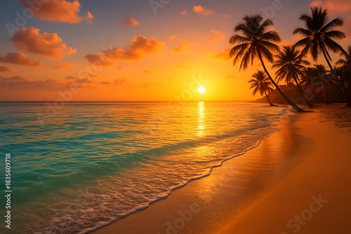 Fototapeta Naklejka Na Ścianę i Meble -  Tropical beach sunset with palm trees and turquoise water